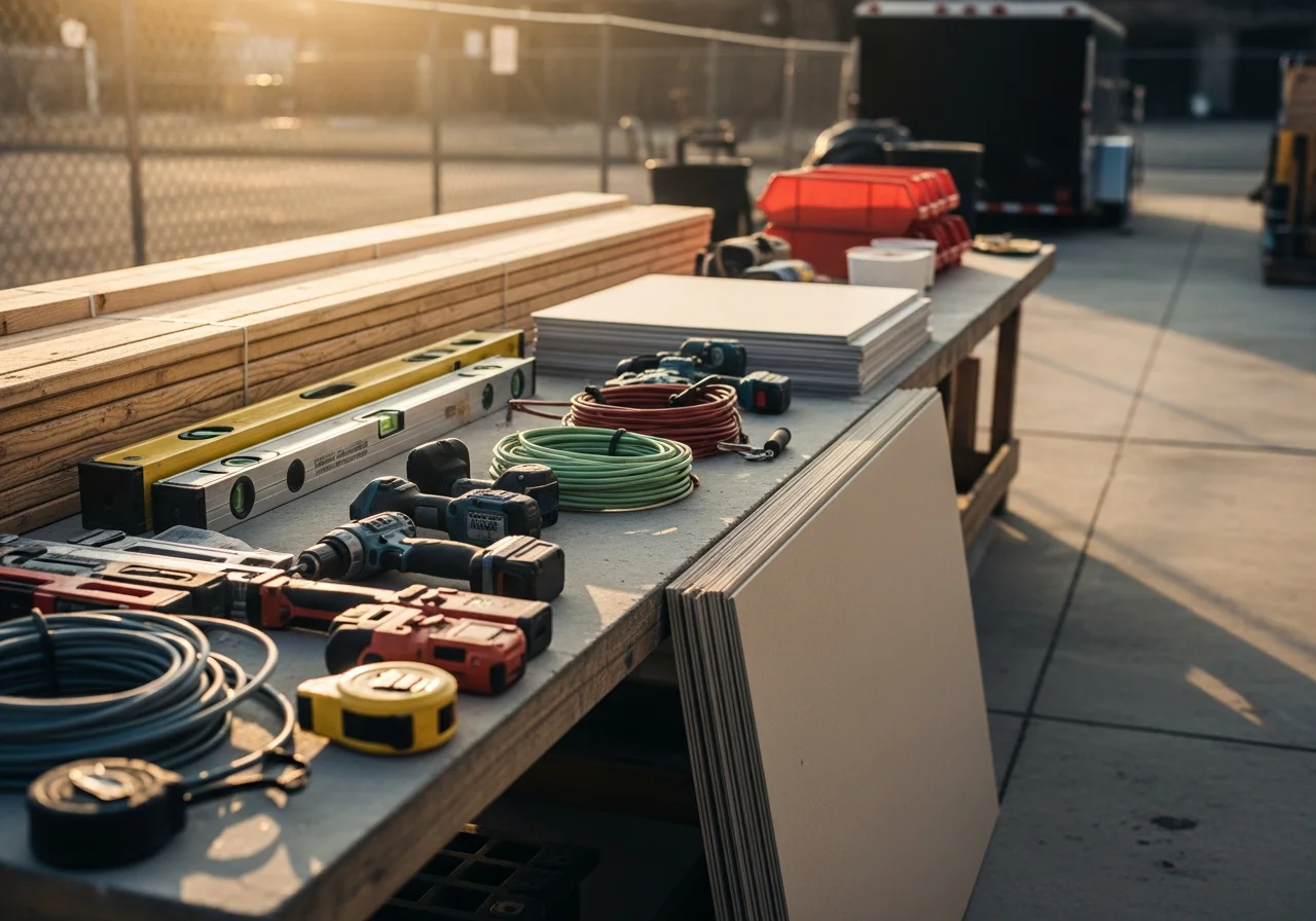 Construction crew tools and equipment staged on a job site, ready for residential or commercial renovation work.