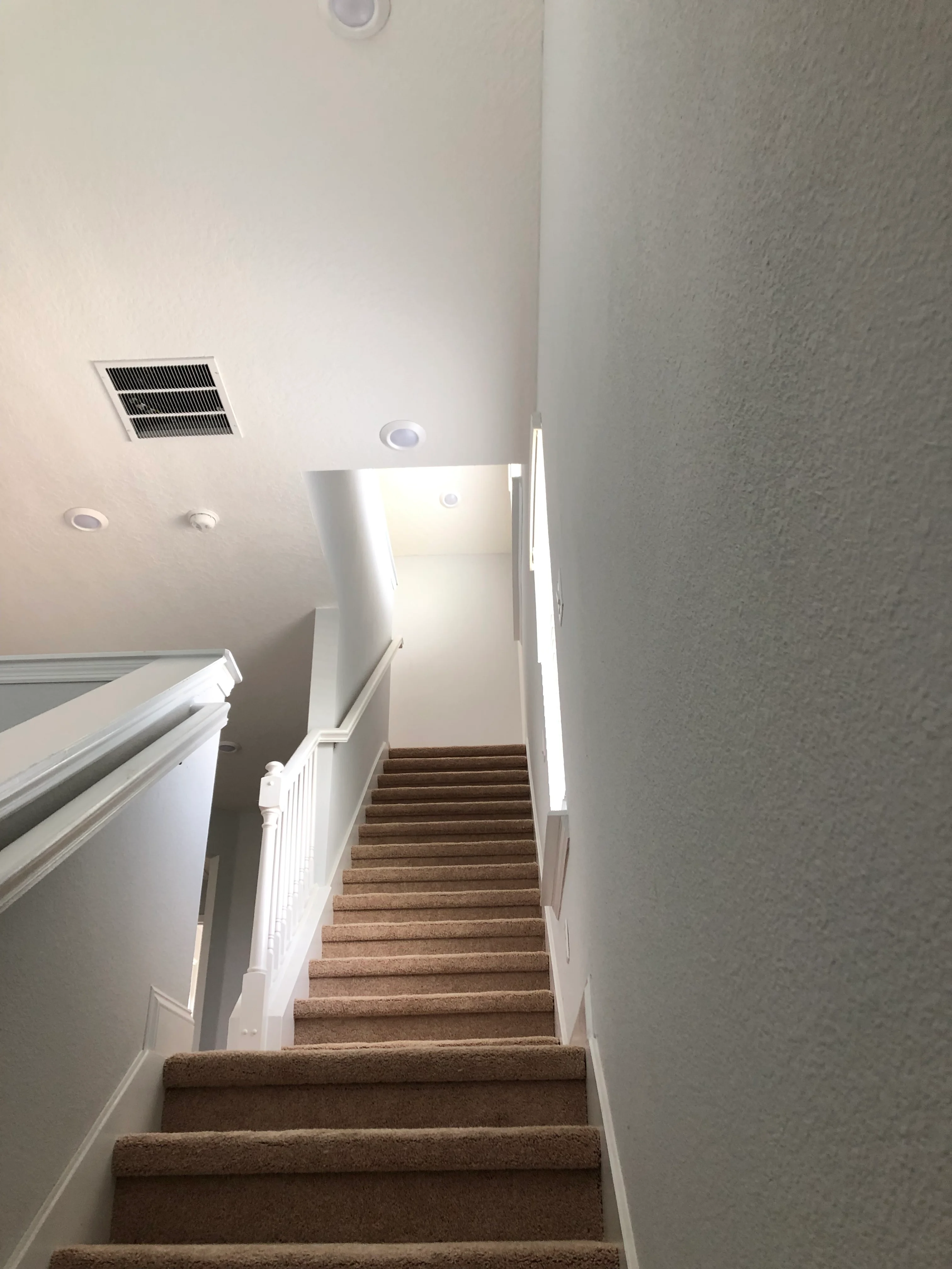 Bright stairwell with brown carpet, white railings, and recessed ceiling lights