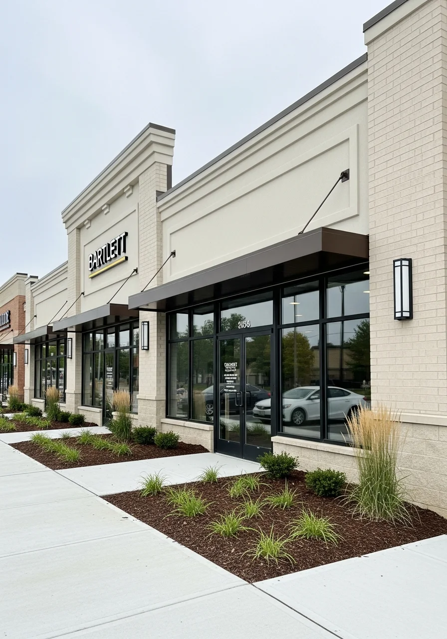 Modern commercial building in Bartlett with retail storefront and professional landscaping