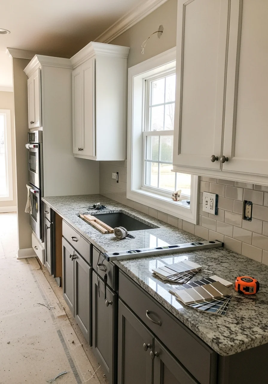 Modern kitchen remodel in Bloomingdale home with custom cabinetry and granite countertops