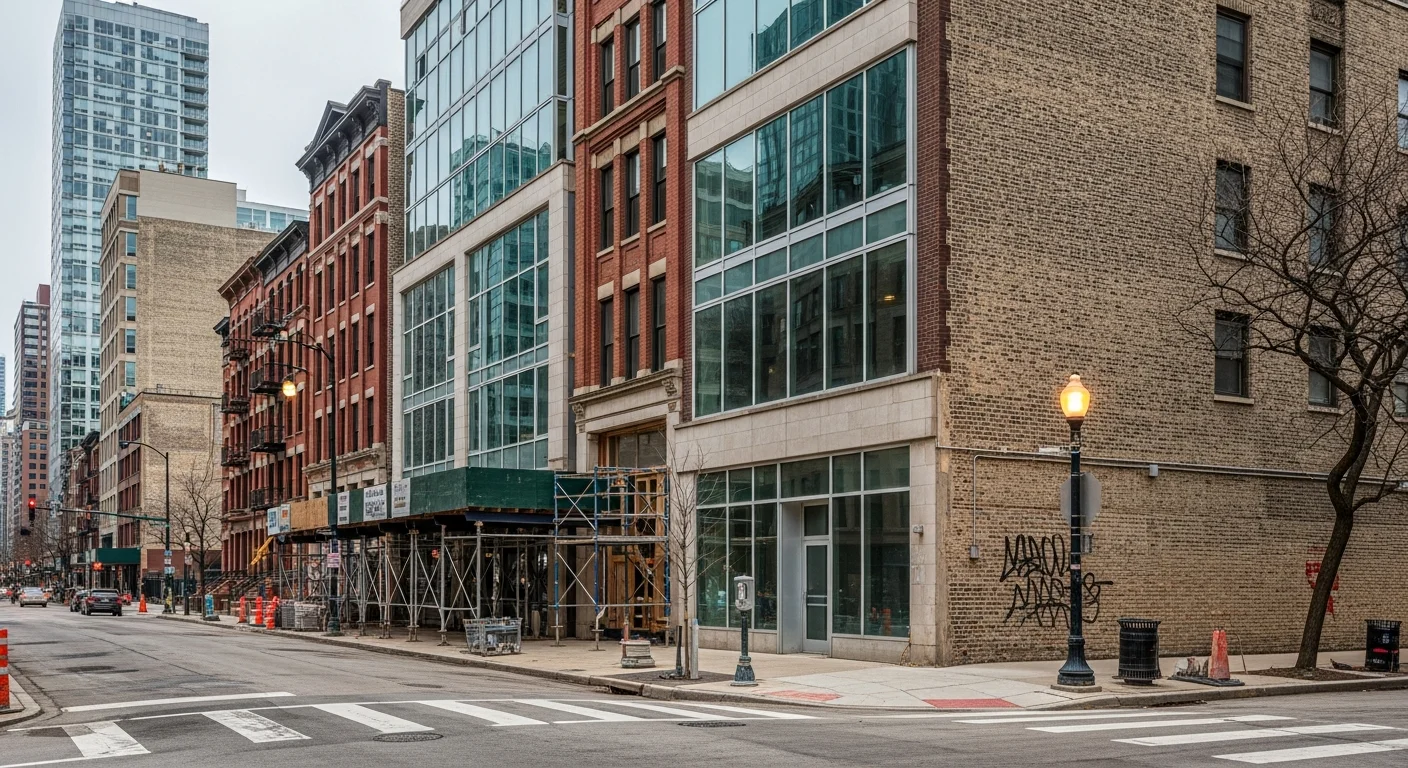 Chicago skyline with diverse neighborhood buildings, from historic brownstones to modern structures.