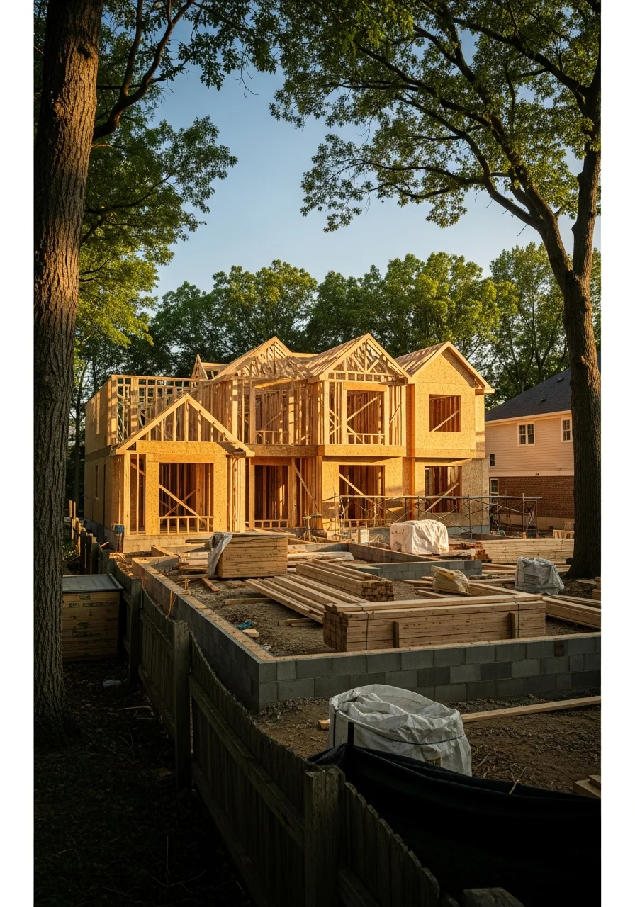 Modern home construction in Crystal Lake suburban community with mature trees