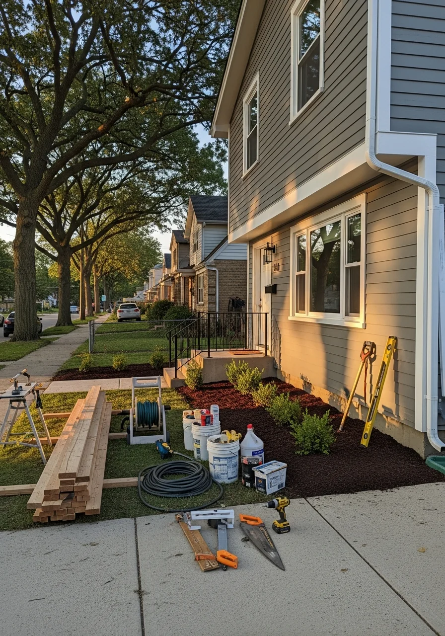 Professional service team completing work on an Elmhurst property with homeowner present.