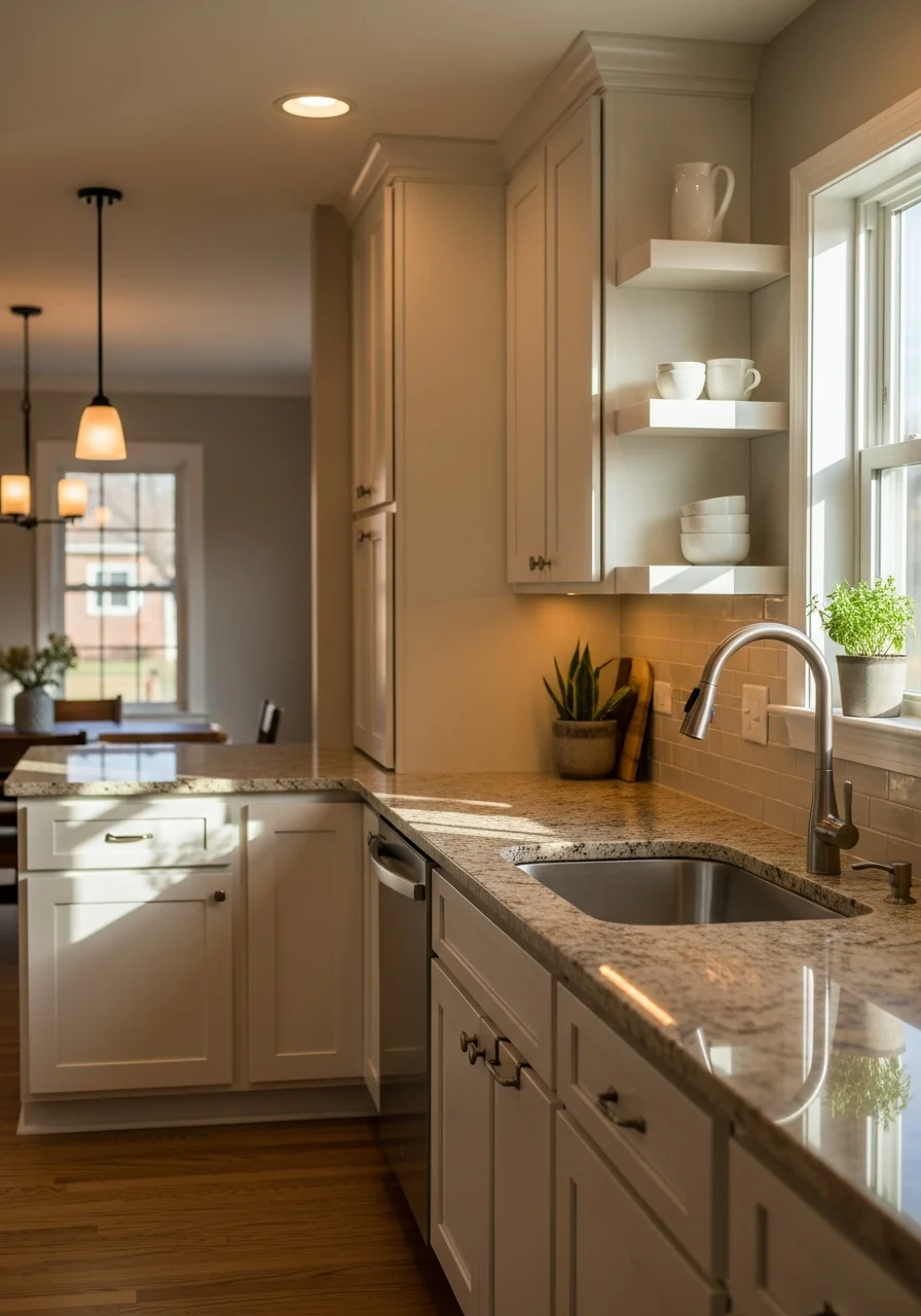 Modern kitchen renovation in Glendale Heights home with custom cabinetry and granite countertops