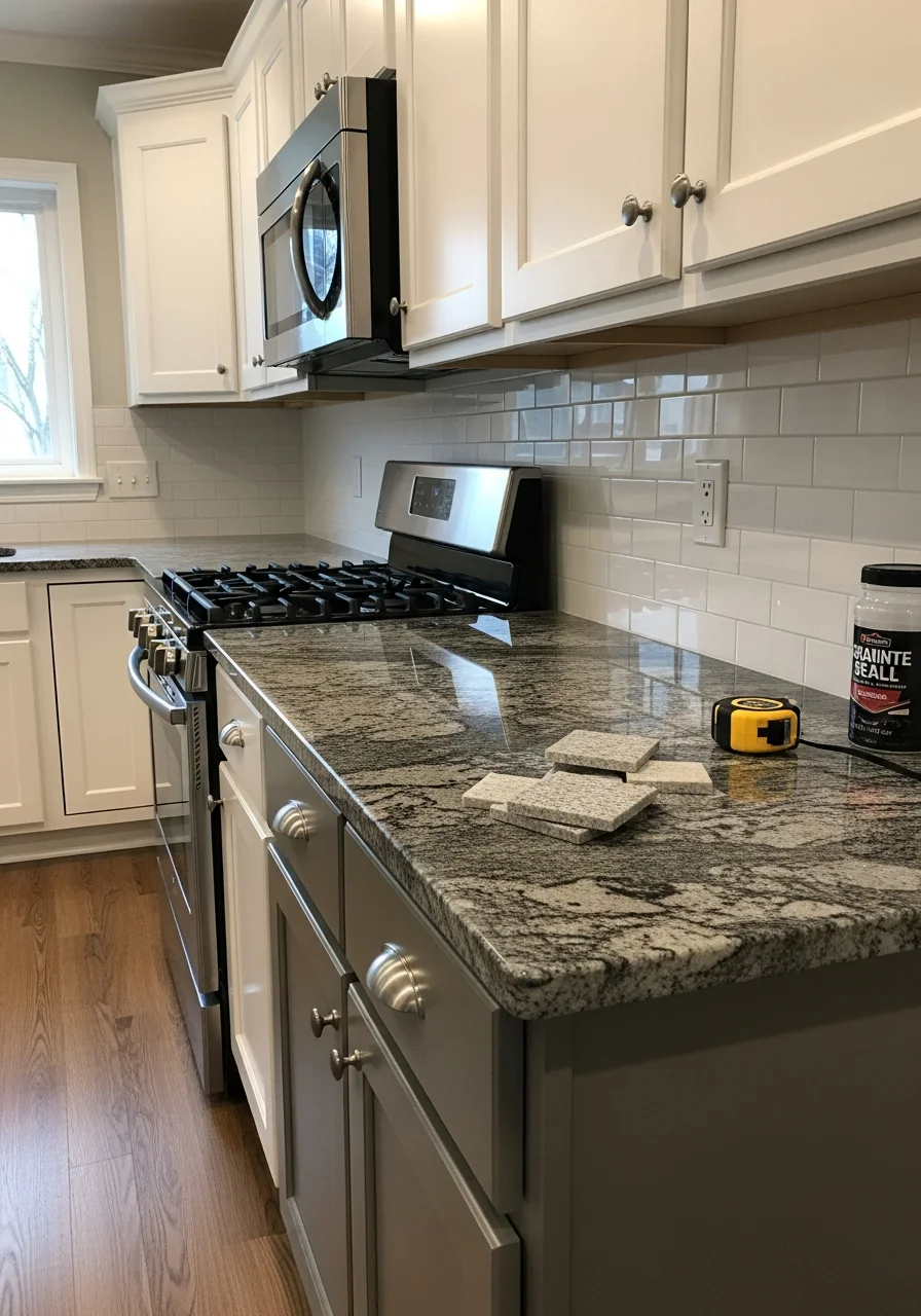 Modern kitchen renovation in a Hawthorn Woods home with custom cabinetry and granite countertops