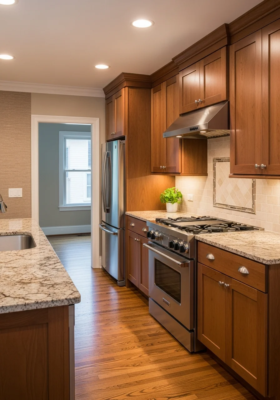 Modern kitchen renovation in a Highland Park home featuring custom cabinetry and granite countertops