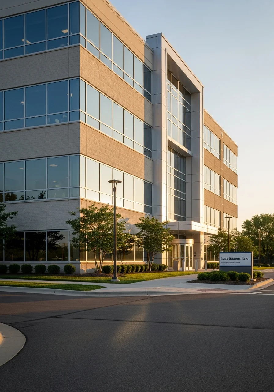 Modern commercial building in Itasca's Hamilton Lakes business district
