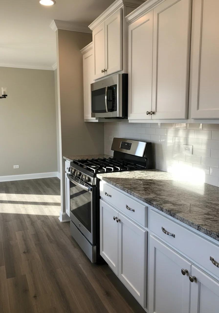 Modern kitchen renovation in Roselle home with custom cabinetry and granite countertops