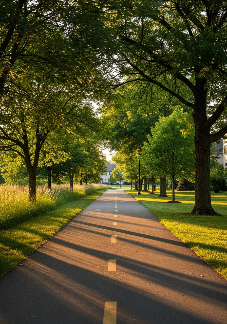 Illinois Prairie Path trail running through Villa Park with green landscaping