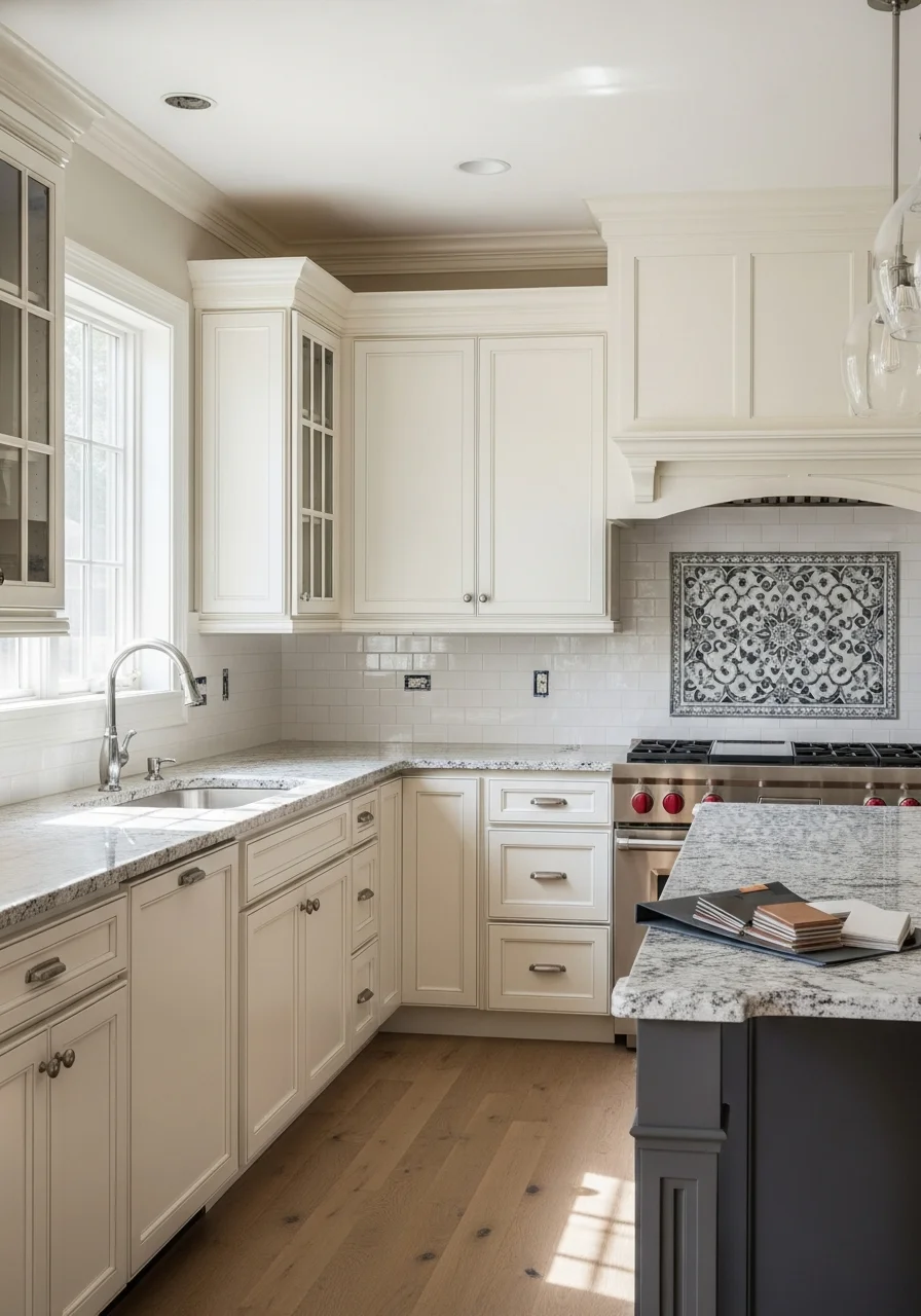 Modern kitchen remodel in Wilmette home with custom cabinetry and granite countertops
