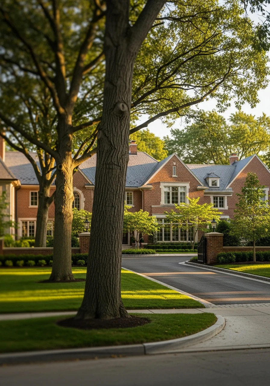 Historic Winnetka residential street with elegant estates and professional landscaping