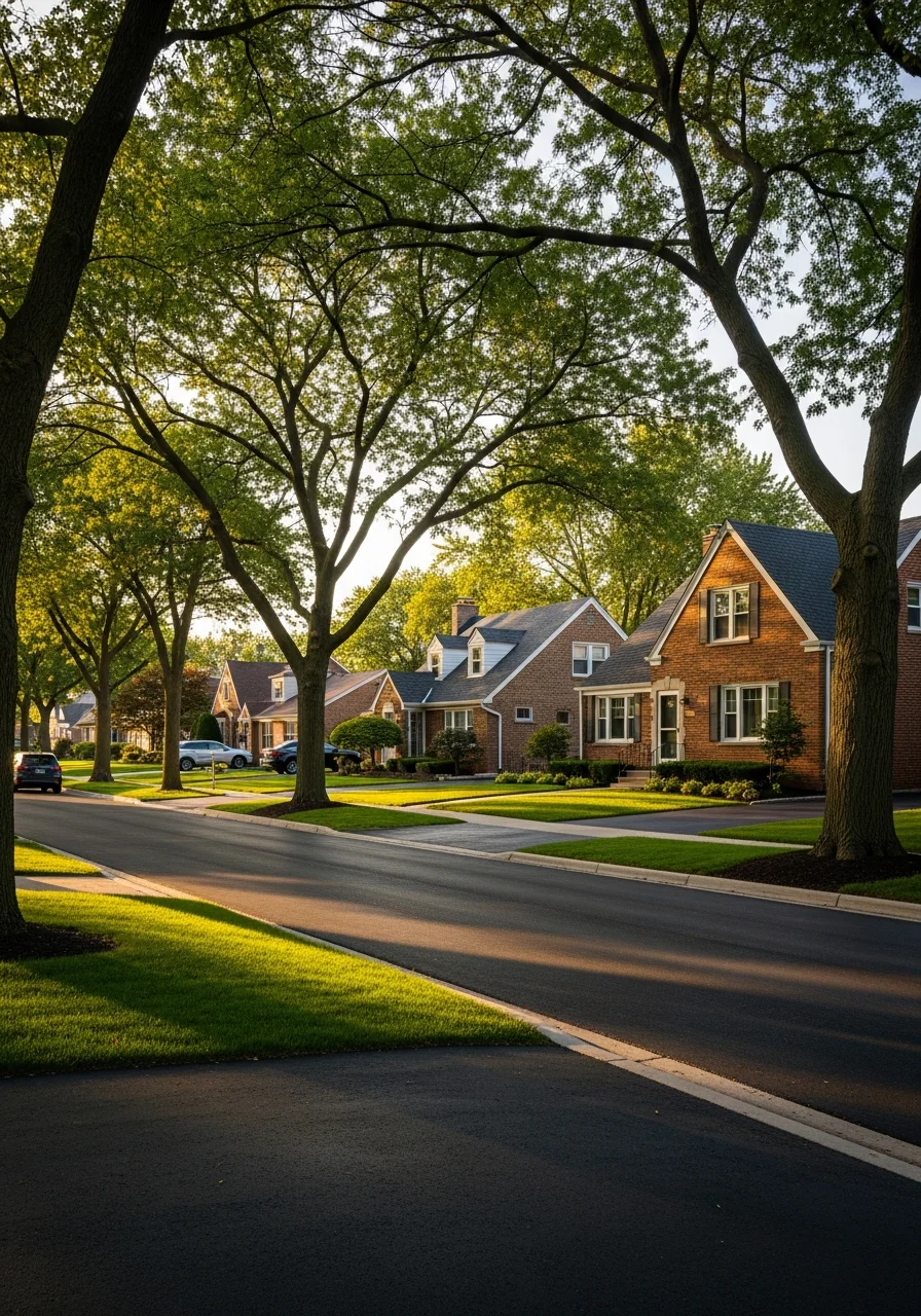 Residential neighborhood in Wood Dale IL with single-family homes and tree-lined streets