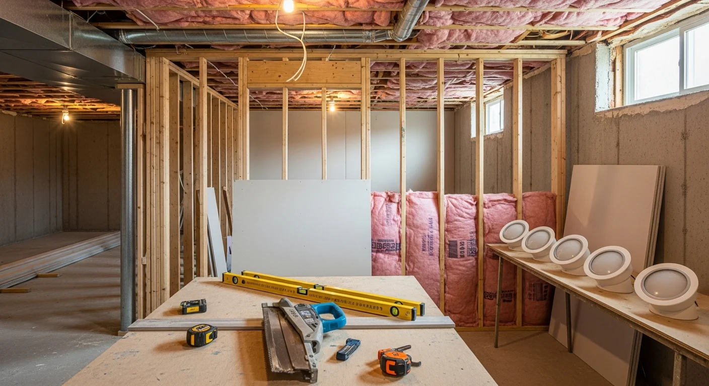 A finished basement in an Arlington Heights single-family home featuring framed drywall walls, recessed lighting, and new flooring installed by Leonard Construction LLC. The space is set up as a family room with clean trim work and a drop ceiling common in mid-century northwest suburban homes.