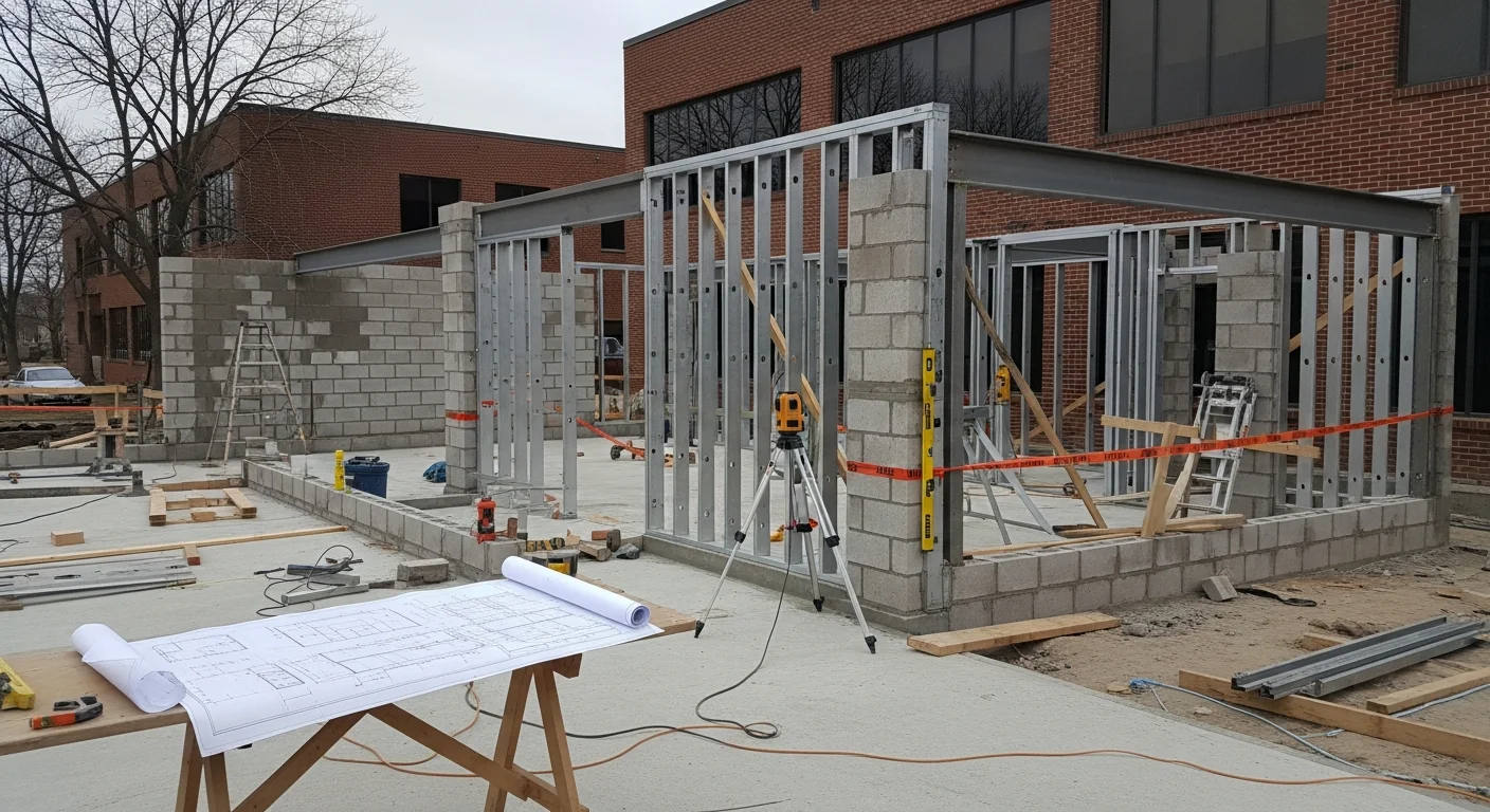 A completed commercial building addition in Arlington Heights, IL, showing a new structural wing attached to an existing brick commercial facility. The exterior of the addition matches the original building's facade along a commercial corridor.