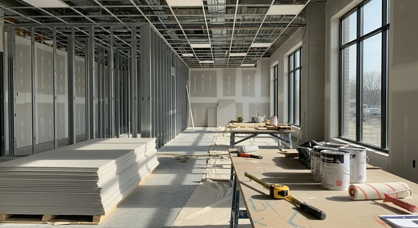 Finished commercial interior remodel in Arlington Heights showing an open-plan office with updated flooring, recessed lighting, and modern partition walls. Leonard Construction LLC completed the build-out for a professional services tenant in a mixed-use Arlington Heights building.