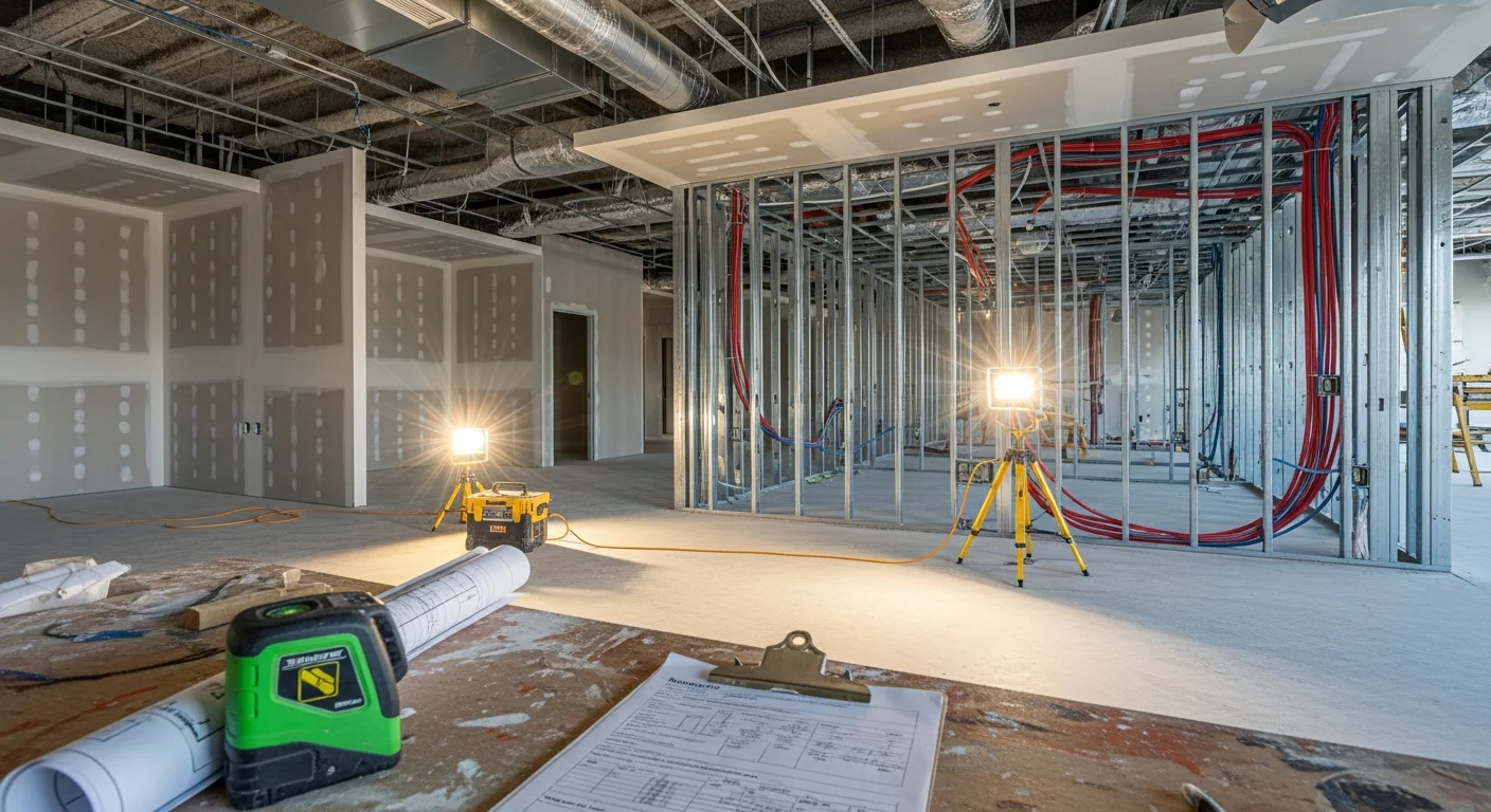 Renovated commercial office interior in Arlington Heights, Illinois, showing an open-plan workspace with updated flooring, recessed lighting, and modern partition walls. Leonard Construction LLC completed the full interior alteration for a professional office tenant in a multi-suite commercial building.