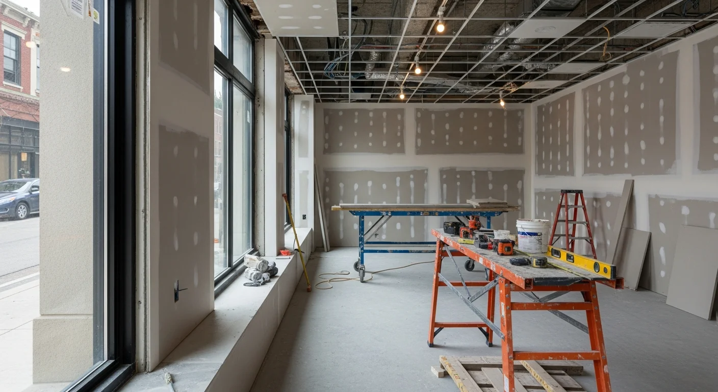 Renovated retail storefront interior in an Arlington Heights commercial strip center, showing updated flooring, reconfigured display layout, and new LED lighting installed by Leonard Construction LLC.