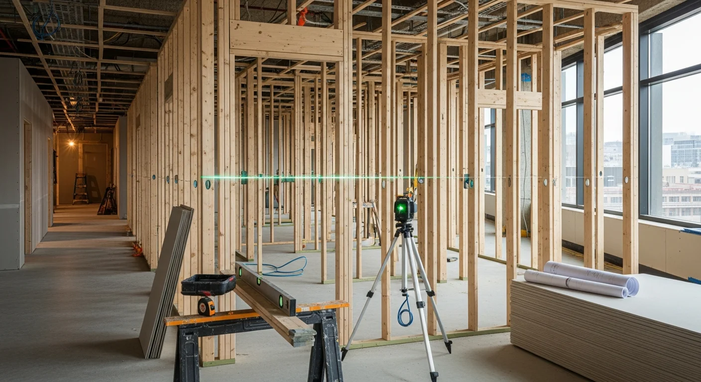 Completed commercial tenant build-out interior in Arlington Heights showing open office layout with framed partition walls, recessed lighting, and finished flooring ready for occupancy. Leonard Construction LLC commercial construction project in a multi-tenant office building in Arlington Heights, Illinois.